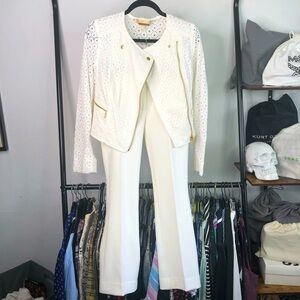 Michael Kors White Eyelet Moto Jacket Pantsuit